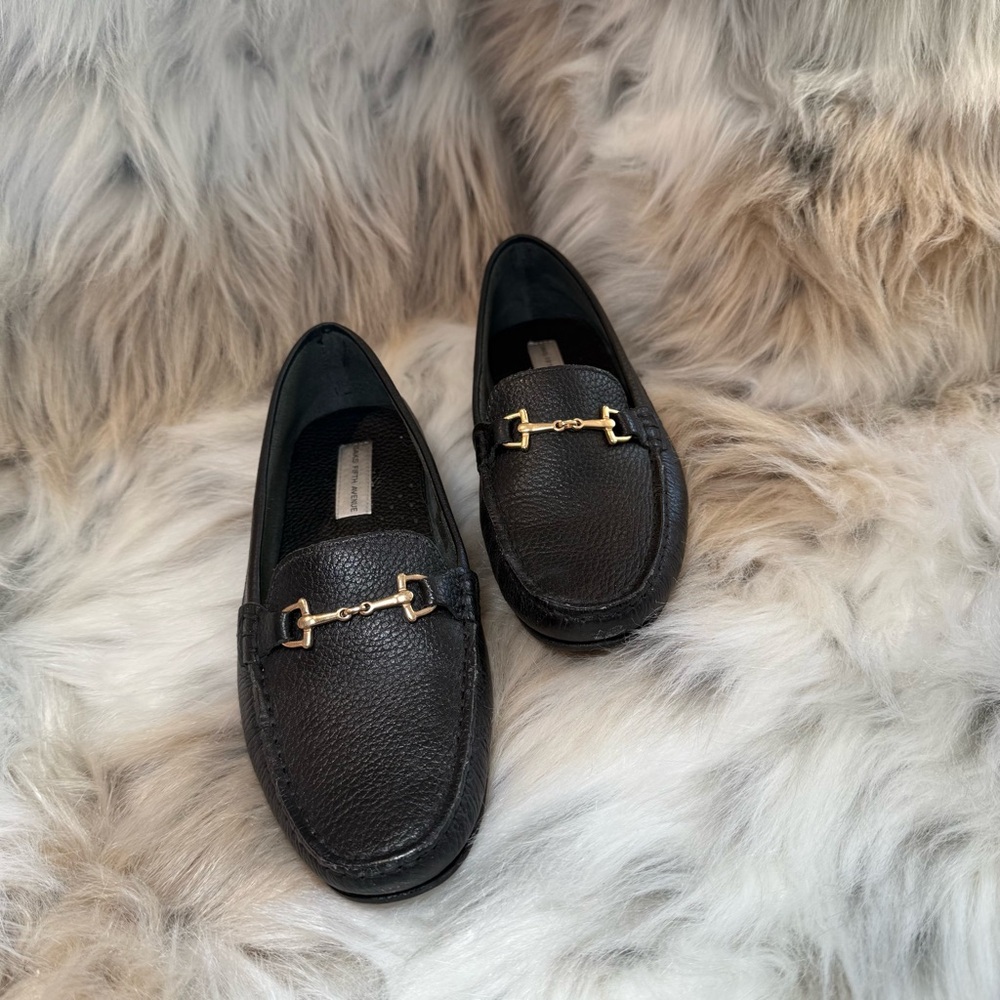 SAKS FIFTH AVE Black Leather Loafers with Gold Buckle